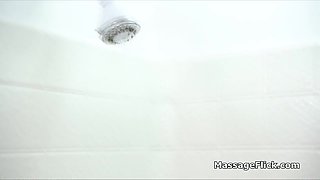 Catching ebony masseuse masturbating in the shower