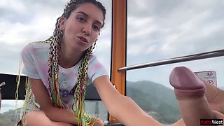 Public Flashing Blowjob - Skinny Brunette Swallows Cum on Ferris Wheel POV