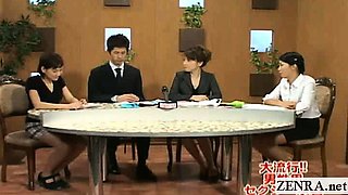 Subtitled CFNM Japanese news reporters risque handjobs