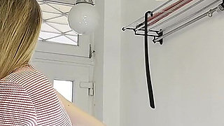 Flexible Hot Wife in the Kitchen Does Gym Training at Home by Spreading Legs and Taking Her Panties off Under Her Mini Skirt