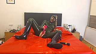 Latex Girl in Rubber Boots Masturbate with Dildo and Magic Wand Until Her Orgasm! She Love It to Moan!