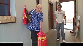 Picked up busty blonde granny rides his cock
