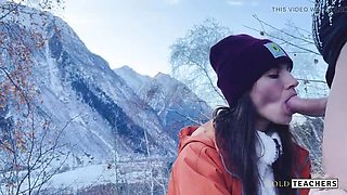 Russian teen gives amazing POV blowjob on mountain with cum in mouth