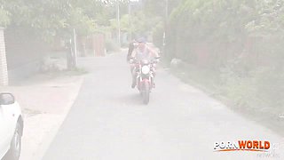 Redhead Shona River Rides Biker's Big Dick In The Outdoors