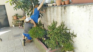 Sex with the Voyeur Gardener with a Girl in a Short Dress Without Panties