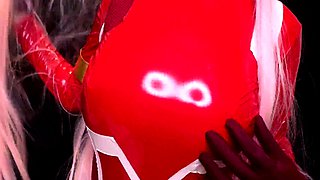 Femdom MILF vixen in red latex bodysuit plays with herself