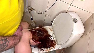 Flashing head in toilet, piss on hair and facefuck with cum in throat