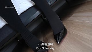 Office Lady's seduce coworker, black stocking stained white