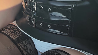 Latex Mini Dress in Car Sexy Stockings and "whore" Necklace