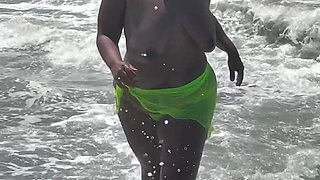 Natural Big Booty - Thick Legs Tease - Big Tits Areolas - Beach - Wet Hair - Walking in heels Thong G String - Latina BBW