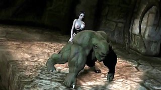 3D cartoon orc gets fucked by a babe with a strap on