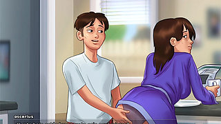 Stepmom and stepsister fight for the tenant's cock in the house and fuck him all the time - summertime saga