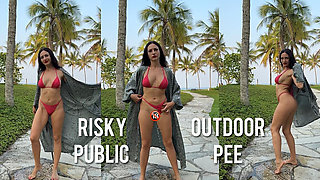 Pee in Bikini and with Thong on the Side Outdoor
