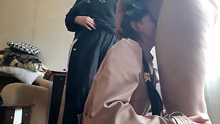 Our Hot Slave Girl Takes Turns Giving Us Cunnilingus