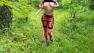 Outdoor Masturbation, the Girl Walked in Leggings in the Forest and Started Masturbating