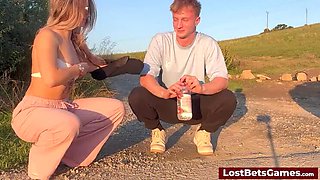 Blonde Aften Opal and Celestina Blooms Outdoor POV Blowjob After Lost Bottle Flip Bet