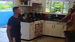 Kitchen Slut Wife Blowjob For Husband's Friends While He Cleans Pool - Part 2 Amateur Latina MILF Hotwife