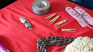 Busty and big-assed MILF immobilizes herself and masturbates to orgasm