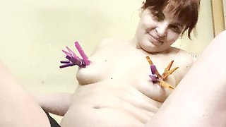 Pussy Slapping, Spanking and Fogging with Clothespins on Tits - Solo