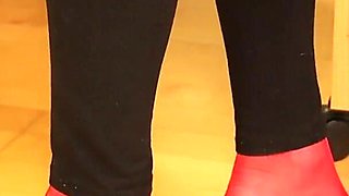Peeptoe Dangling in Red Stockings & Black Leggings