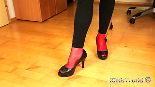 Peeptoe Dangling in Red Stockings & Black Leggings