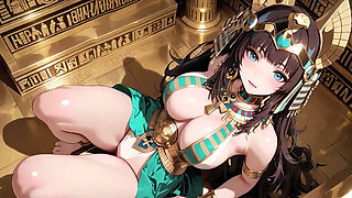 Languid on the golden throne, she runs fingers over her full chest with a hazy, arro