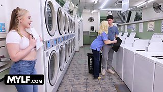 Blond step mummy & step daughter take turns fucking teenie hard stud - mylf