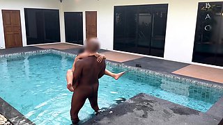 Interracial blowjob outdoors from bikini slut