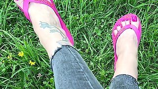 My New Pink Flip Flops and My Feet with Pink Toenails Polish