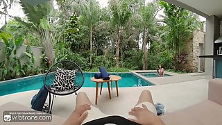 VRB Trans: Super-hot Latina Transgender princess Deep-throats Giant Beefstick Near The Pool In Spanish Villa pt.trio