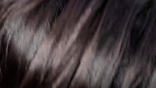Busty curly brunette with big boobs fucks on couch