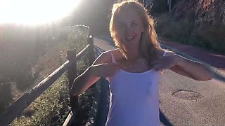 Blonde fucked in public and guy jerks off to cum in her face