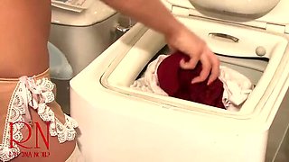 Hot Maid Fucks Washing Machine - Big Tits Massage in Laundry Room