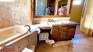 Ivy Steele full-back tattoos blowjob on bathtub ledge