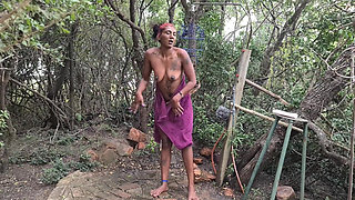 Dark Tattooed Desi Slut Taking a Shower in the Woods at a Nude Resort