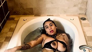 Hot babe with perfect big boobs taking shower