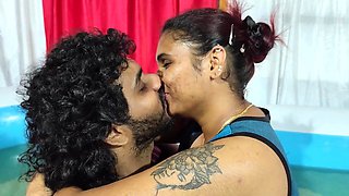 Steamy pool romance lip lock with hooters deep-throat