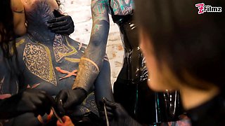 Three aggressive spandex princesses ruin tattooed victim with deep sounding & urethral fingering