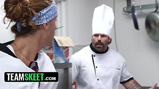 Waitress Services The Kitchen Team With Her Funbags, Cooter, And Backside