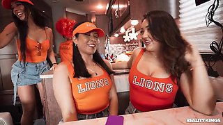 Crazy College GFs: Horny Cheerleaders Traveling Fan Fuck Fest with Brunette Emerald Loves - Threesome Orgy