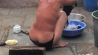 My elder sister-in-law&#039;s stepsister is bathing naked in red tights in the open bathroom at my house