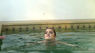 Sex by the pool with petite brunette Renata Fox