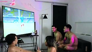 Three guys play games and take turns fucking hot teen slut