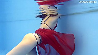 Super hot babe Martha in red lingerie underwater and by the pool