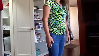 Beautiful stepmother gets dressed, shows off, and starts touching herself while looking at my cock.