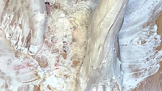 Playing with a whipped cream fruit bowl with my feet