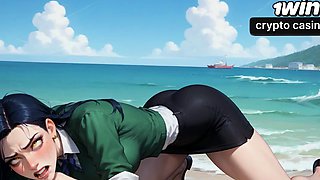 A sexy, hard-core beach honey is having an climax with