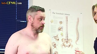 Femdom CFNM nurse babes jerk small cock dude in group