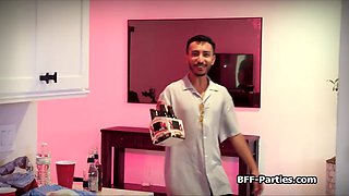 Teenage Asian party chicks sharing DILF penis in four way