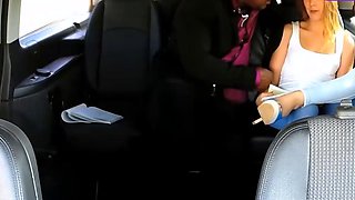 Blonde girl gets drilled by black guy in taxi